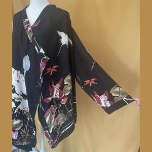 CITRON Santa Monica Silk Tunic Blouse Jacket Kimono Crane Print M/L Fall Boho